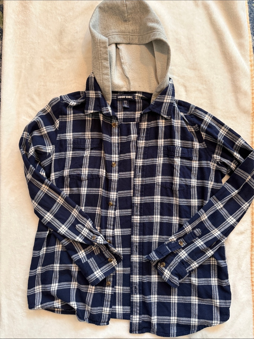 Lands' End Boy’s XXL Navy and White Plaid Button-Up Shirt with Gray Hood